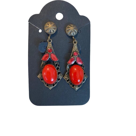 Vintage Red & Bronze Screw-Back Earrings With Intricate Floral Design & Large Ov - Picture 6 of 6